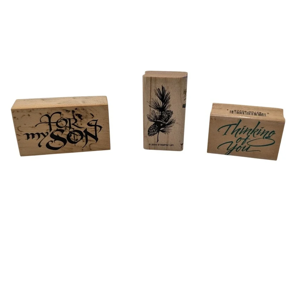 Vintage Wood Mounted Rubber Stamp Set Holidays Sayings Craft Seven Piece Set SEE